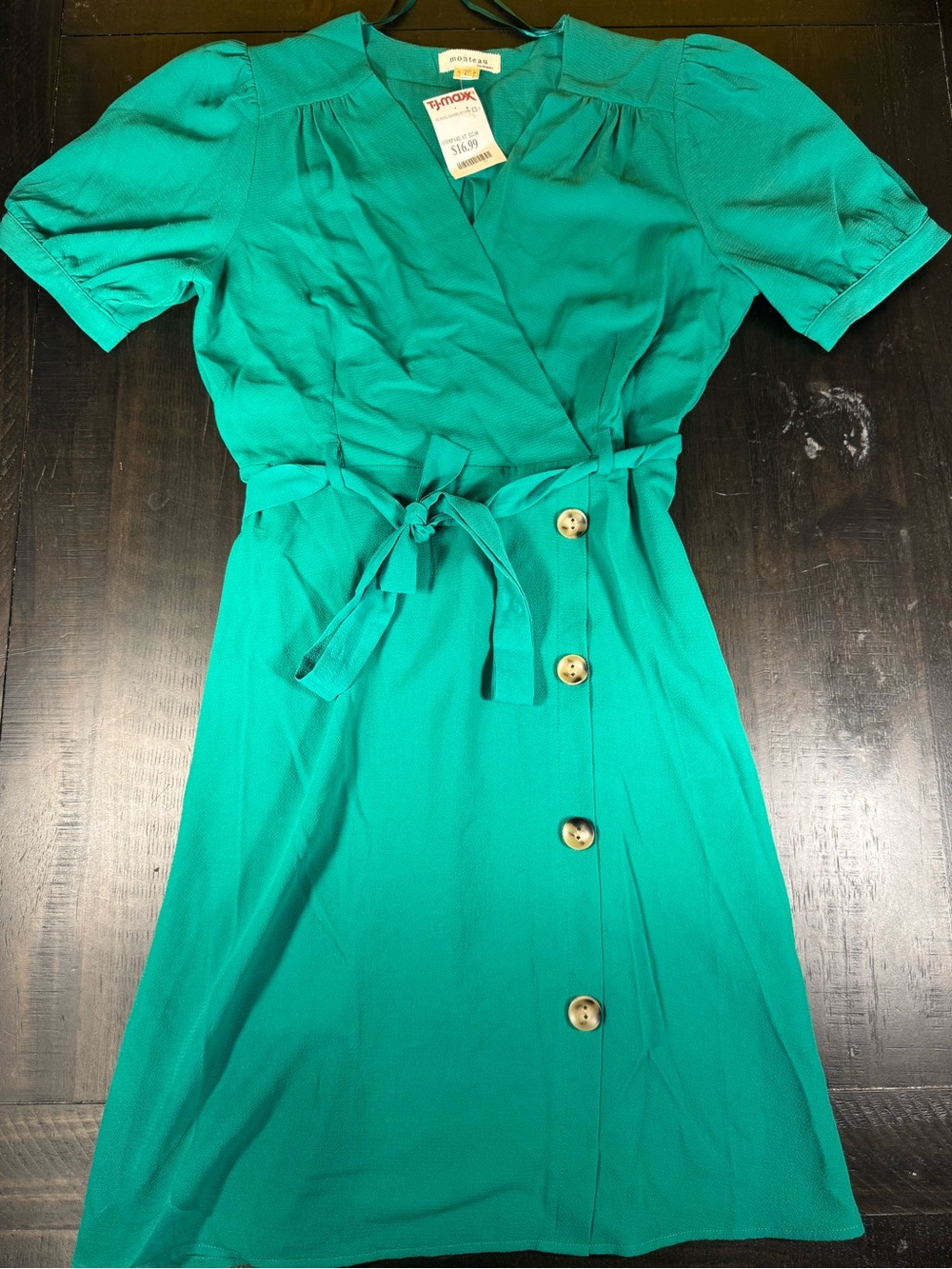 Monteau Los Angeles NWT Kelly Green Faux Wrap Puff Sleeve Midi Dress Large